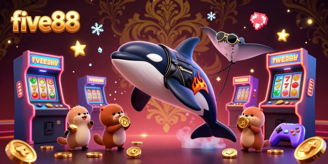 Experience the excitement of five88 with orca whale, stingray, and sea otters in a vibrant casino scene.