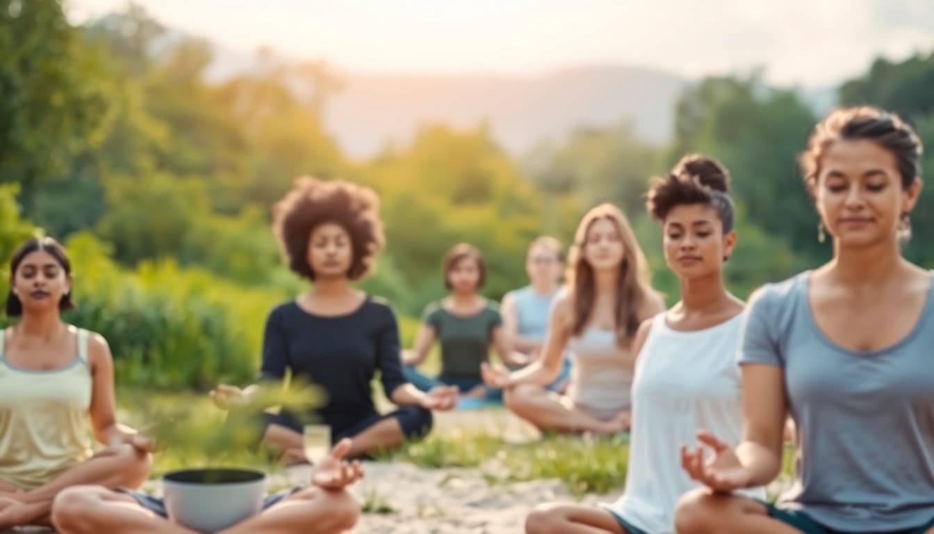 Meditation session promoting mental wellness in a serene natural environment.