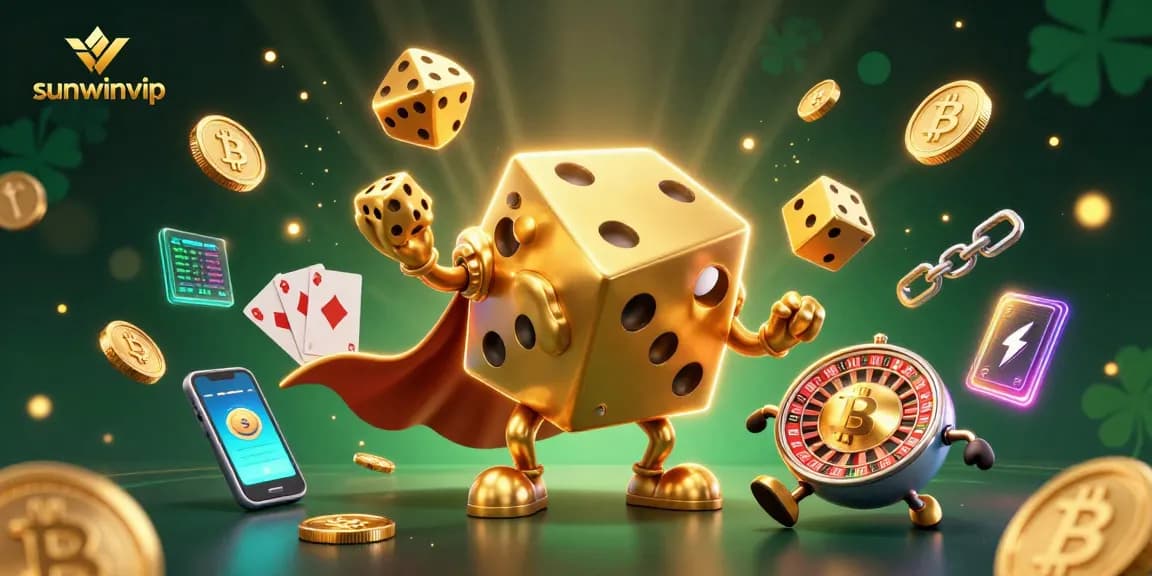Experience the excitement of sunwinvip with golden dice, crypto coins, and vibrant casino elements.