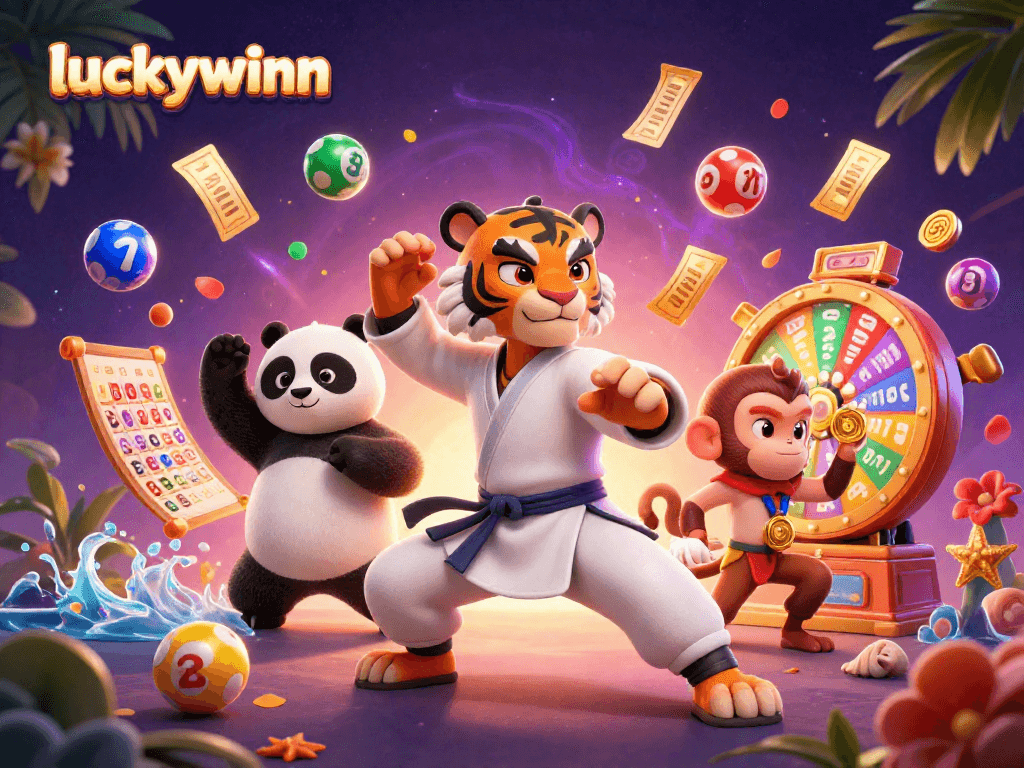 Engage in thrilling games at luckywinn with vibrant lottery balls and animated characters.
