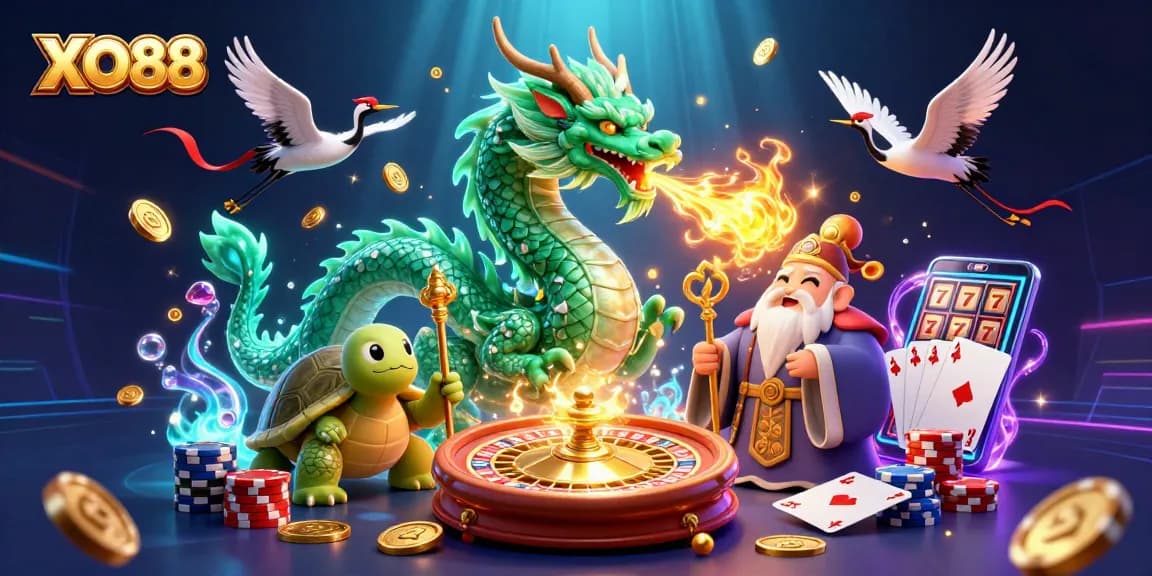 Experience the thrilling XO88 gaming world with an emerald dragon, lucky cranes, and vibrant casino elements.