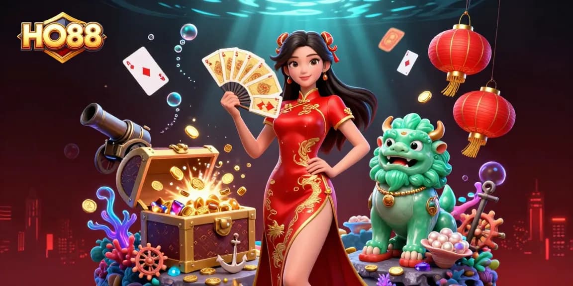 Win big with HO88 at this vibrant casino illustration featuring a qipao-clad woman and gaming treasures.
