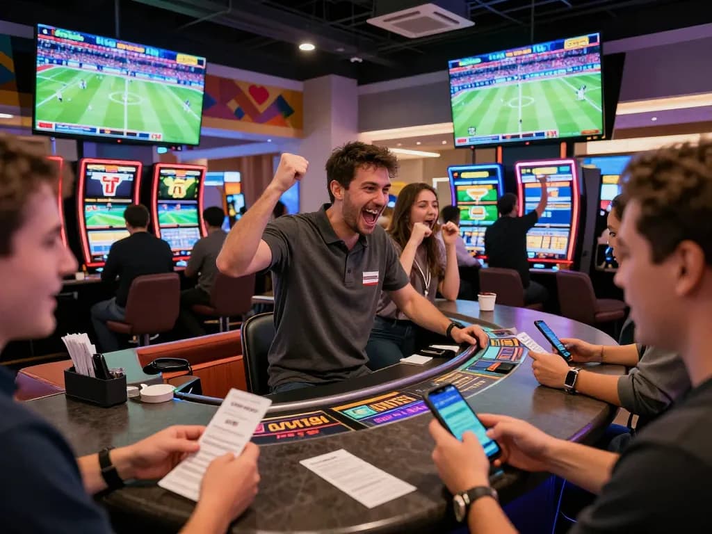 Engaged bettors using debet sportsbook app in a lively casino sports lounge, cheering for their teams