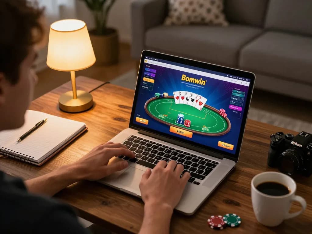 Player engaging with Bomwin online casino platform, strategic gameplay evident in cozy living room