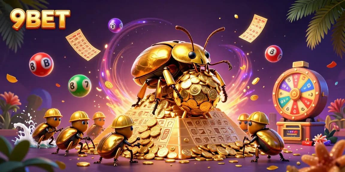 Engage with the excitement of 9BET's casino experience featuring golden beetles and vibrant prizes.