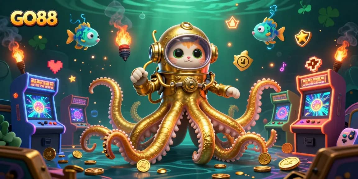 Engage with GO88, a vibrant 3D gaming scene bursting with treasure and colorful arcade elements.