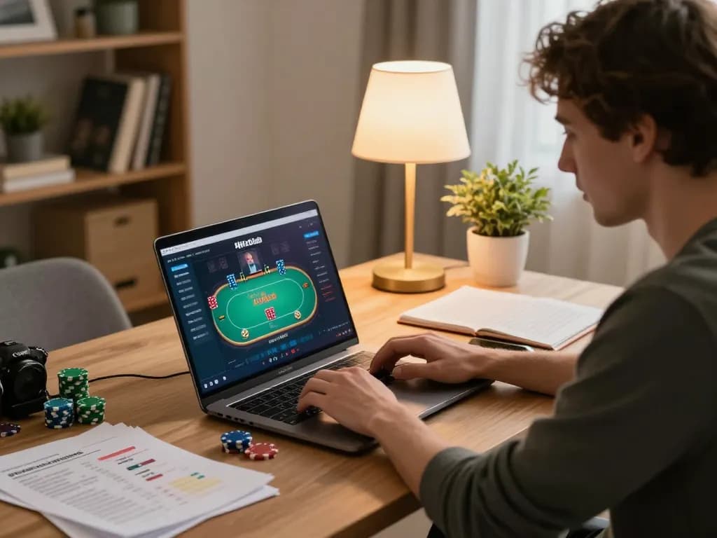 Engaged player using HitClub for online poker gaming at home, natural and cozy atmosphere.