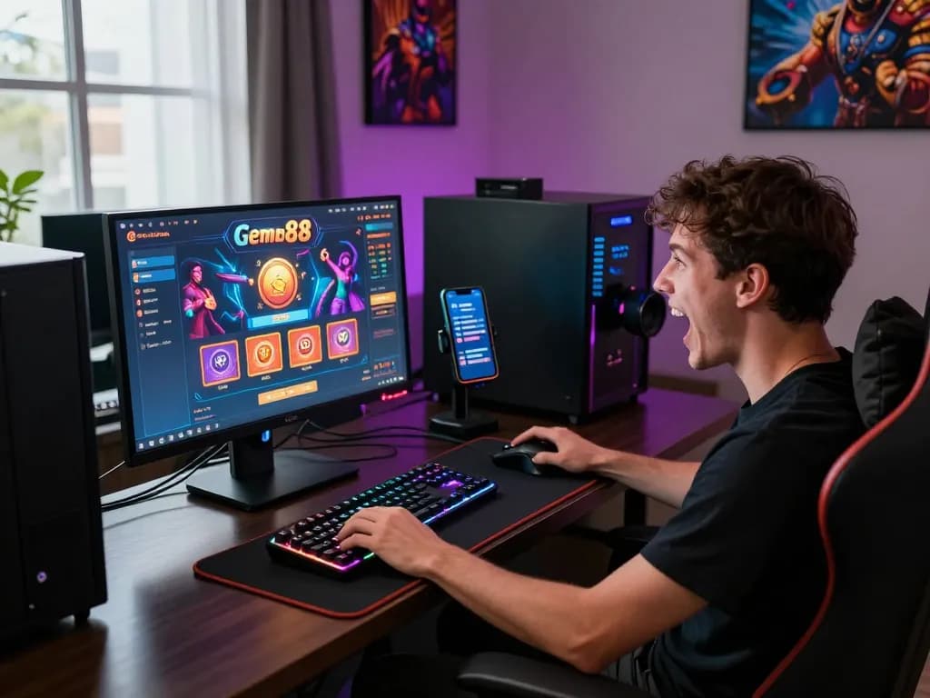 Excited player engaged with gem88 online casino platform in a vibrant gaming room.