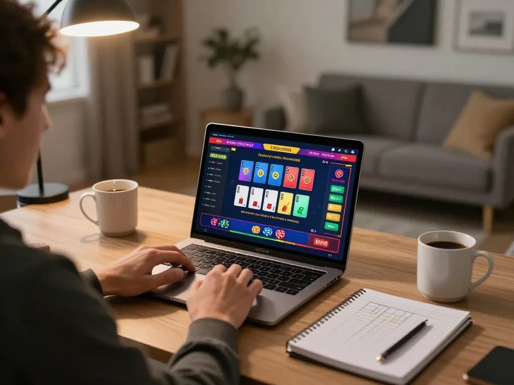 Engaging with TR88 online casino games on laptop, cozy home office atmosphere, strategic betting setup