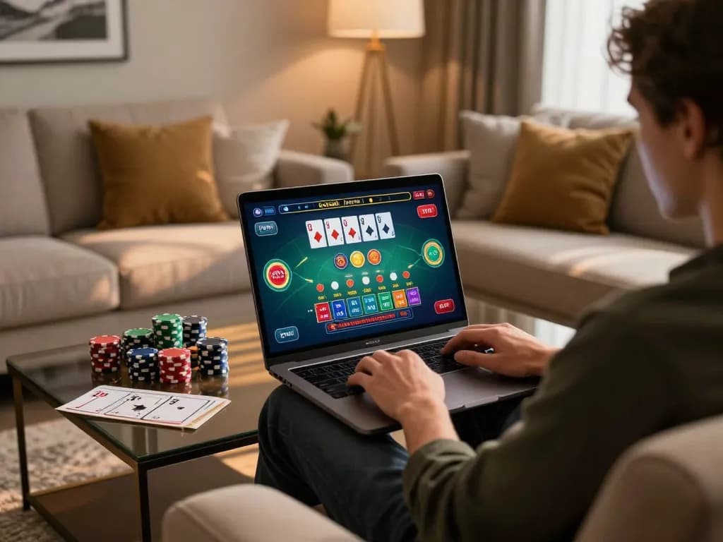 Engaging online baccarat gameplay by NET88 in a cozy living room setting with chips and strategy notes.