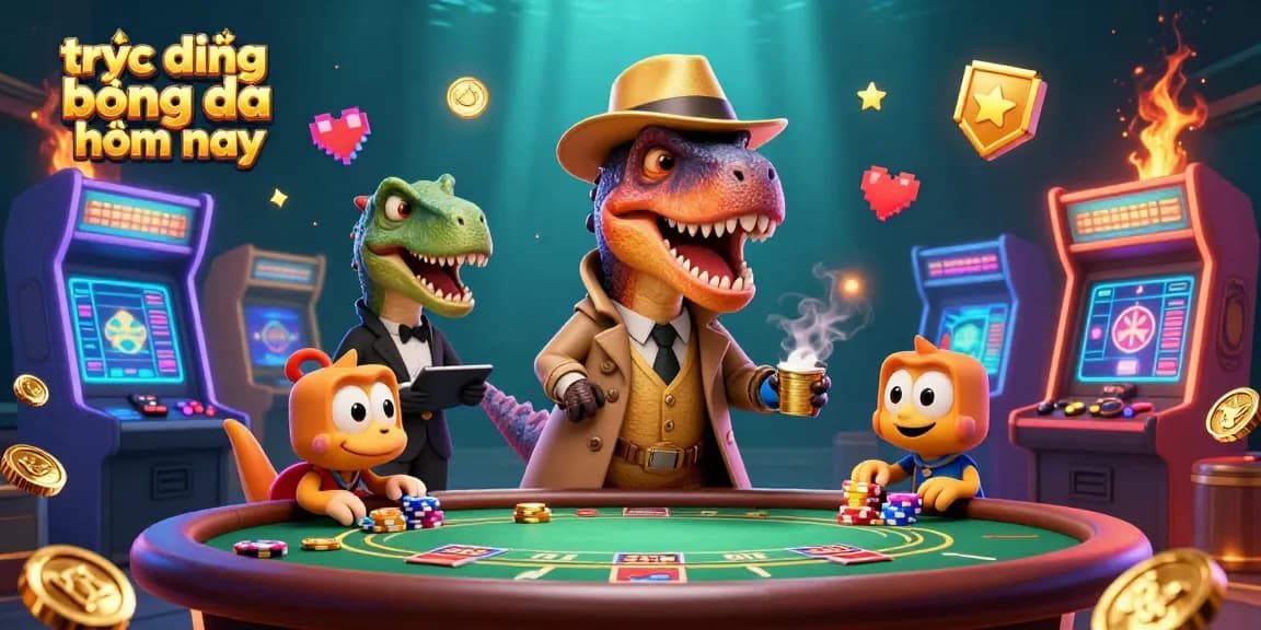 Experience trực tiếp bóng đá hôm nay with vibrant 3D gambling characters amidst action-packed gaming elements.