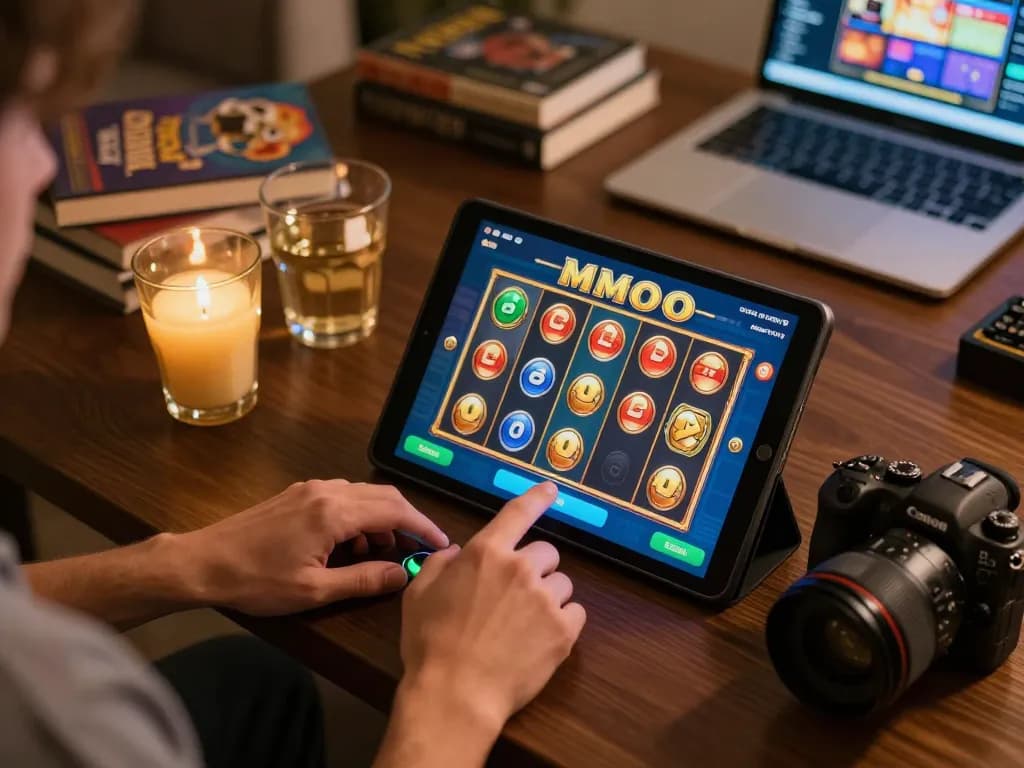 Engaging gameplay on MMOO slot game with player poised to spin, showcasing online gaming environment