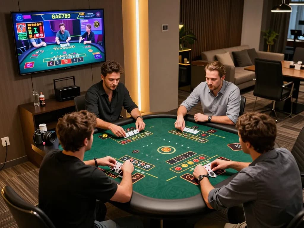 Players strategizing their baccarat game on GA6789, showcasing dynamic online casino action with a modern setup.