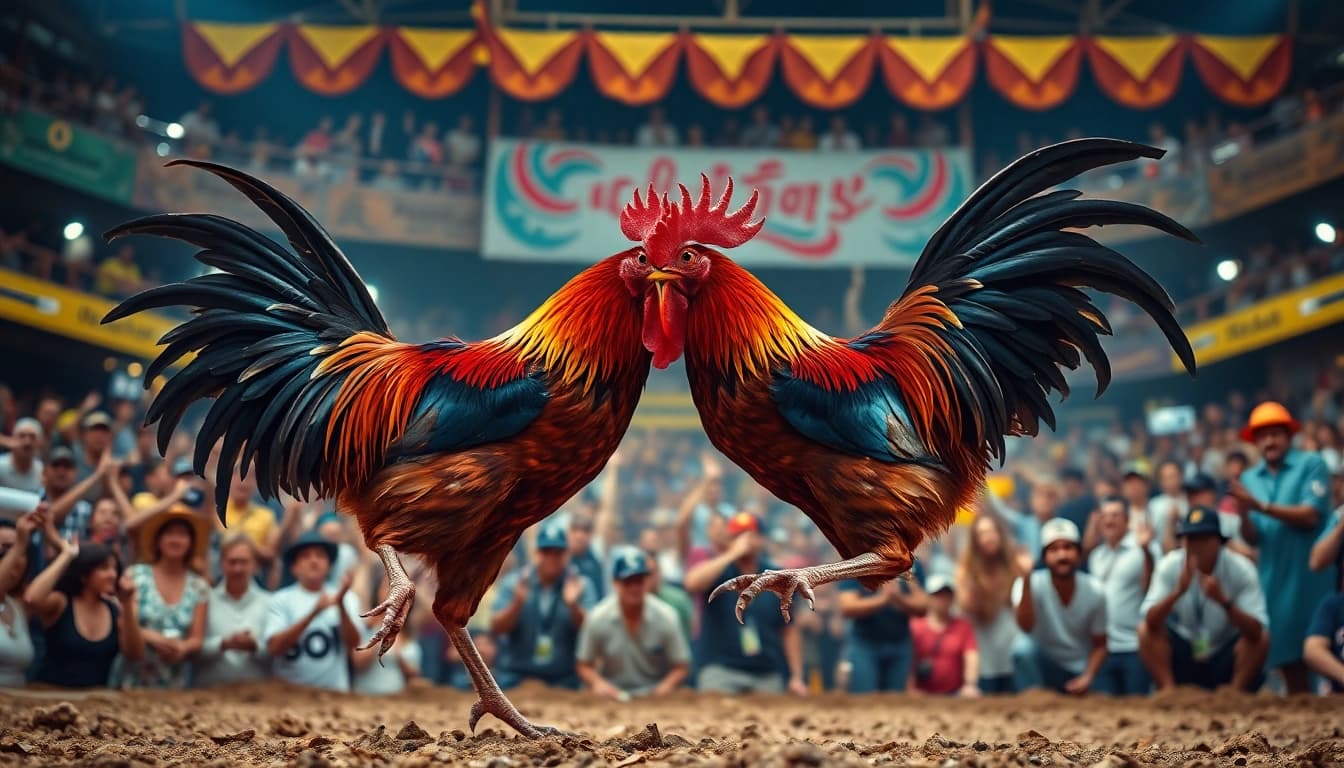 Live cockfighting event at sv368win.live with spectators and roosters