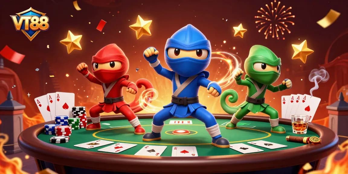 VT88 entertains with a dynamic gaming scene filled with poker action and colorful chameleons.