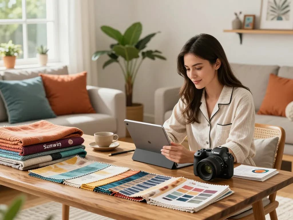 Young woman exploring Sunwin home textiles and loungewear in a stylish e-commerce setup.