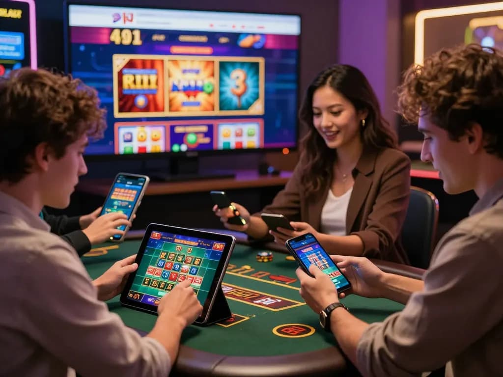 Exciting online gaming experience at Hitclub with diverse users playing on their devices, showcasing 'tải hitclub'.
