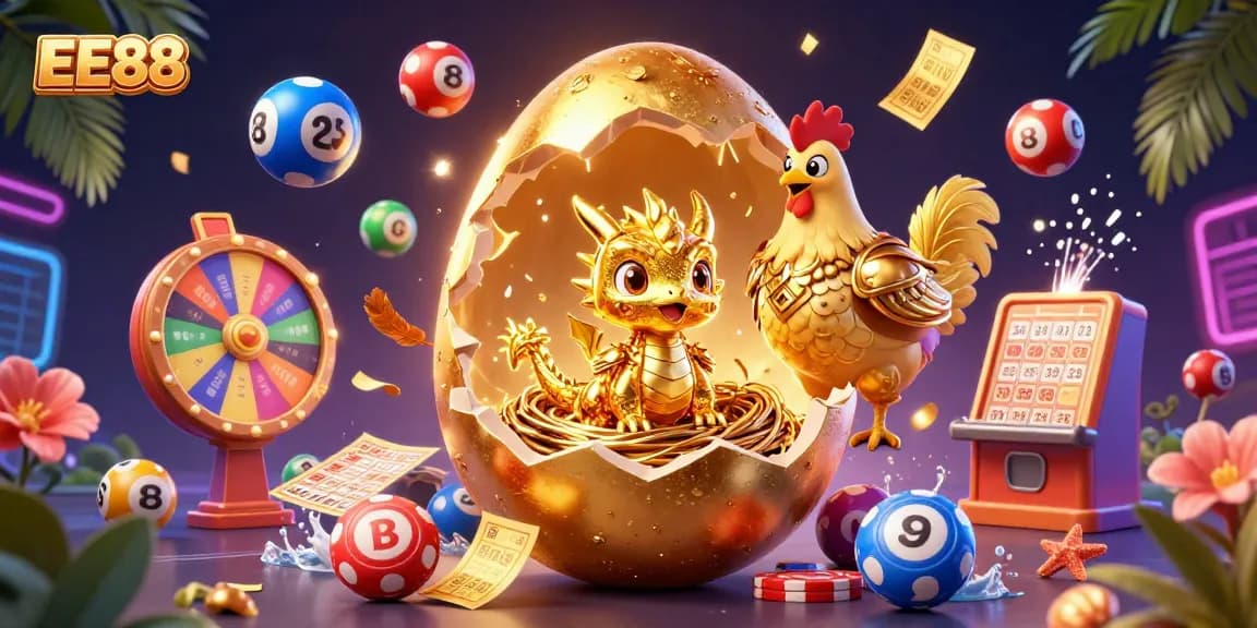 EE88 showcases an exciting casino scene with a golden dragon and gaming elements, ideal for bettors.