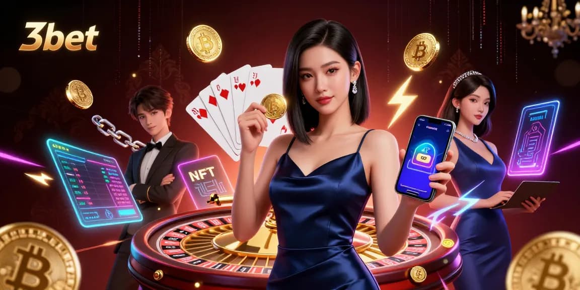 Experience thrilling gaming at 3bet with a confident woman holding a golden chip and casino app amidst dazzling elements.