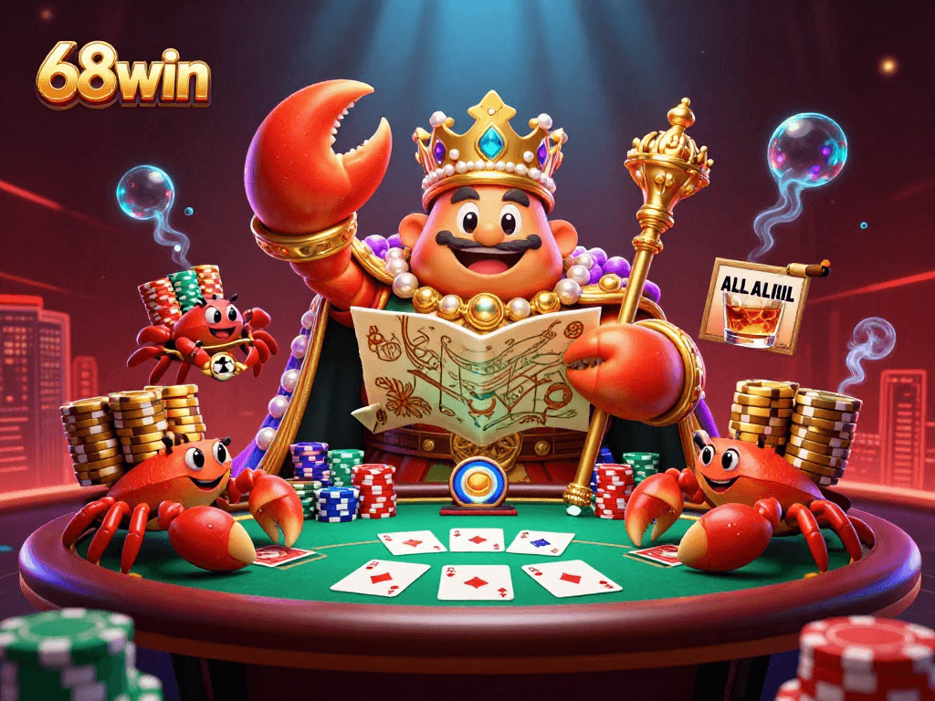 Experience the vibrant action at 68win with a massive golden crab emperor presiding over an engaging poker scene.