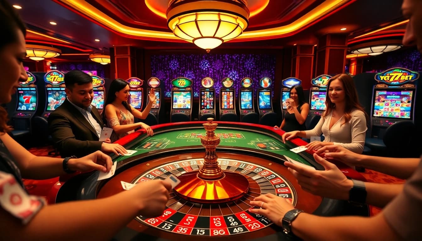 Gamblers enjoying high-stakes excitement at the 77Bet roulette table, vibrant atmosphere.