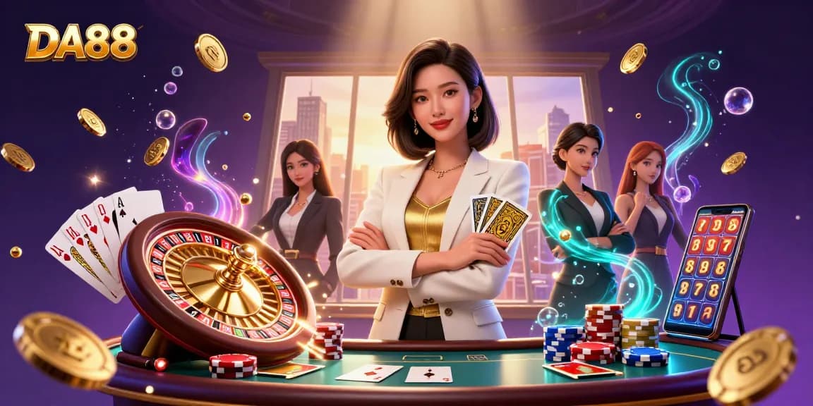 Experience the thrill of DA88 casino with stunning visuals of poker, roulette, and slot machines.