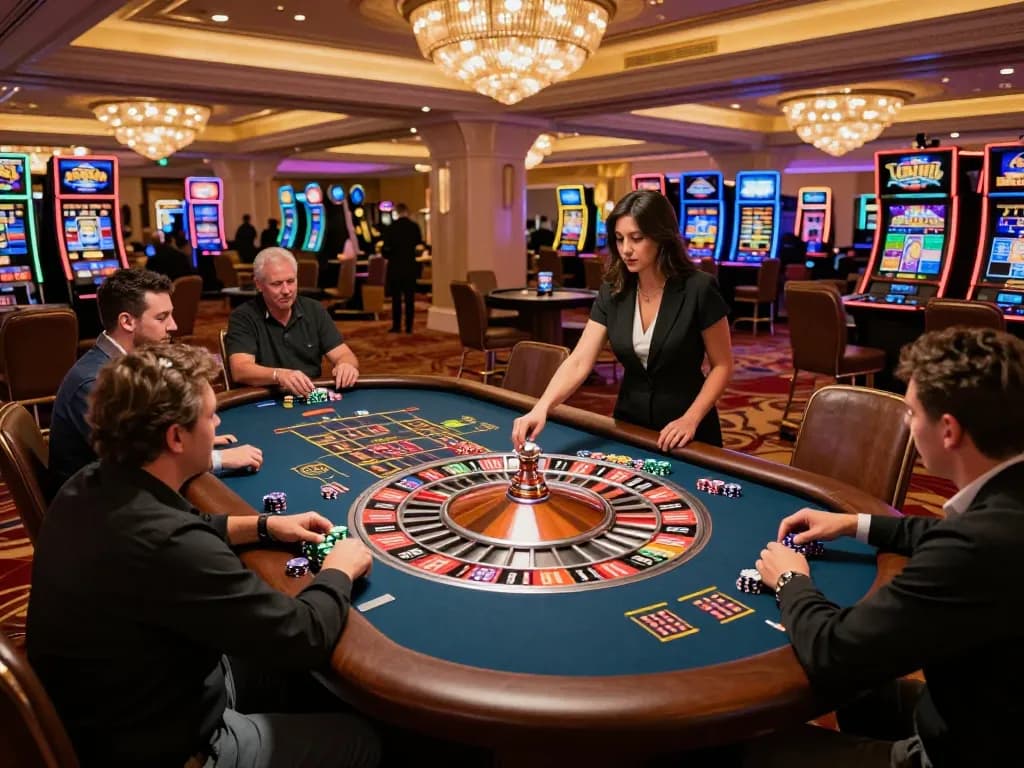 Players placing bets at an SC88 roulette table in a lively casino, capturing the excitement of gambling.