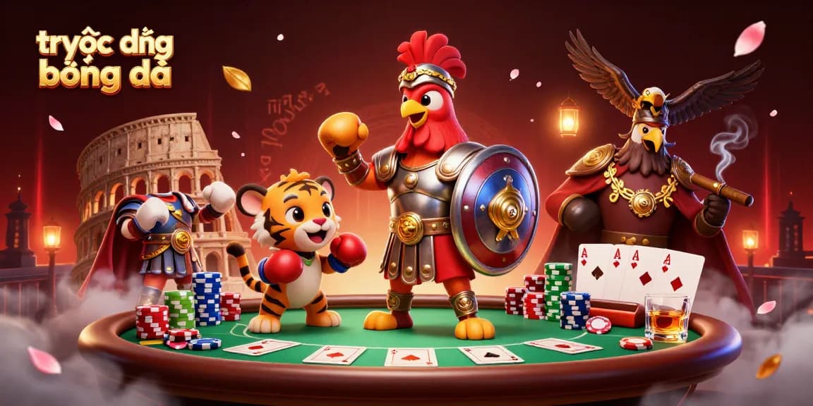 Experience trực tiếp bóng đá with a vibrant 3D scene featuring a gladiator rooster and dynamic poker elements.