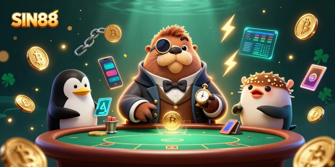 SIN88 showcases a vibrant underwater poker scene featuring a walrus, a penguin, and a pufferfish in a casino setting.