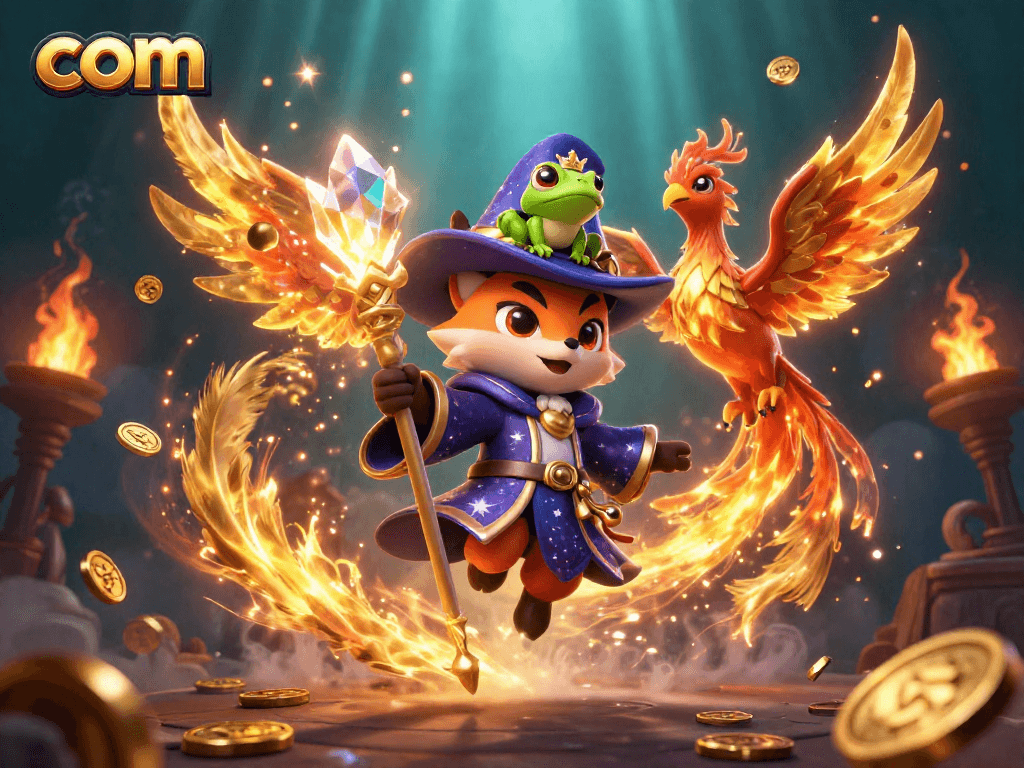 Engage with com through a vibrant casino illustration showcasing a wizard, phoenix, and enchanted frog in a dynamic gaming scene.