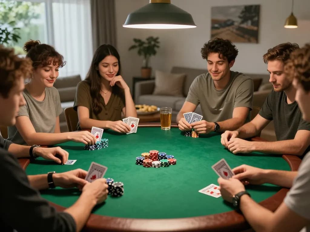 HITCLUB players enjoying a friendly poker night with snacks and drinks on the table.