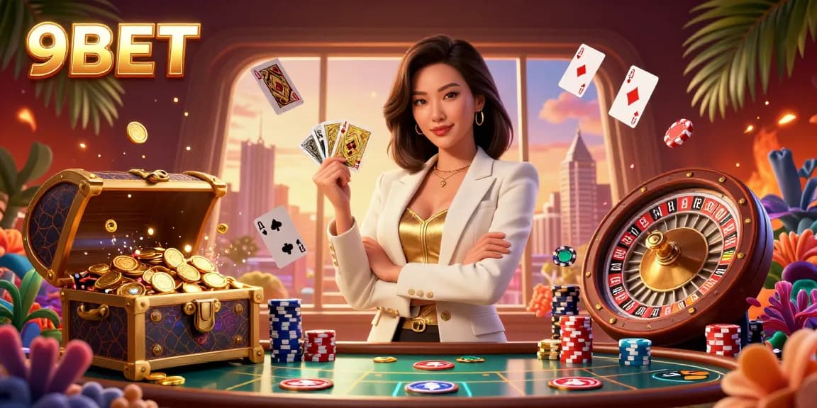 Experience thrilling gaming action at 9BET with poker, roulette, and casino elements in a vibrant illustration.
