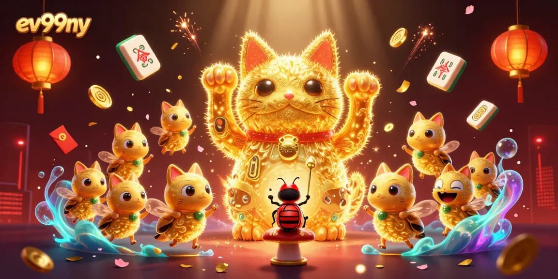 Experience the excitement of ev99ny with a vibrant scene of lucky symbols, fireworks, and golden charms.