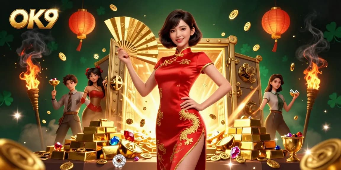 Engage in thrilling gameplay at OK9 with stunning visuals among gold coins and rich casino elements.