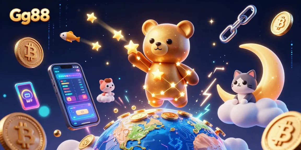Engage with Gg88 through a dynamic illustration featuring gaming elements like Bitcoin coins, constellation bear, and vibrant casino motifs.