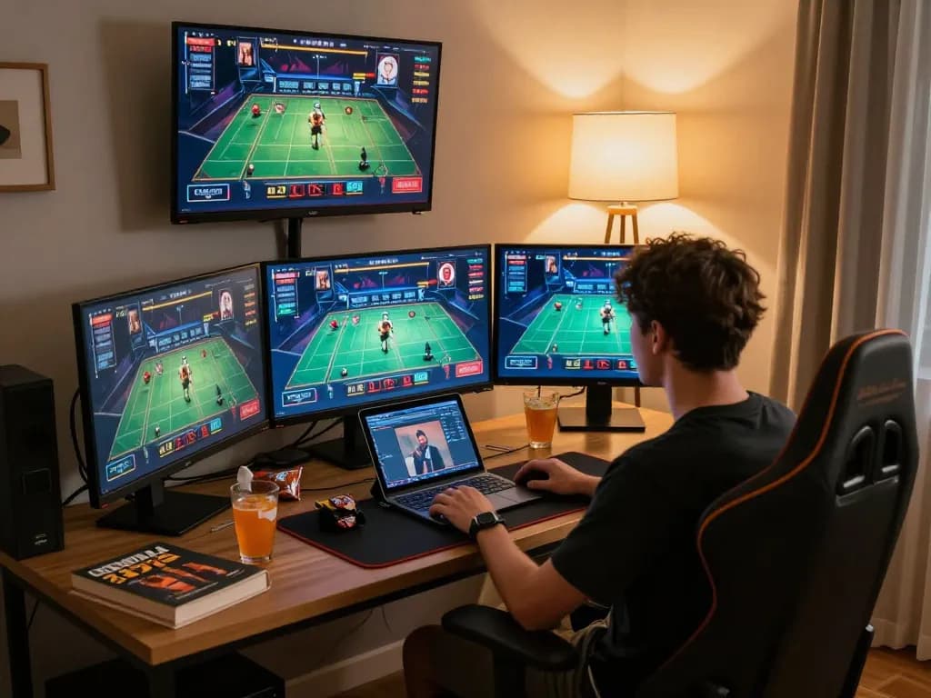 Engaged player strategizing on max88 while utilizing multiple screens in a high-end gaming setup.