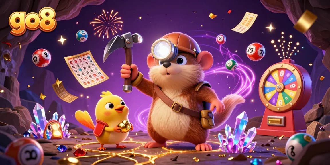Experience the excitement of go8 with dazzling lottery balls and vibrant casino elements.