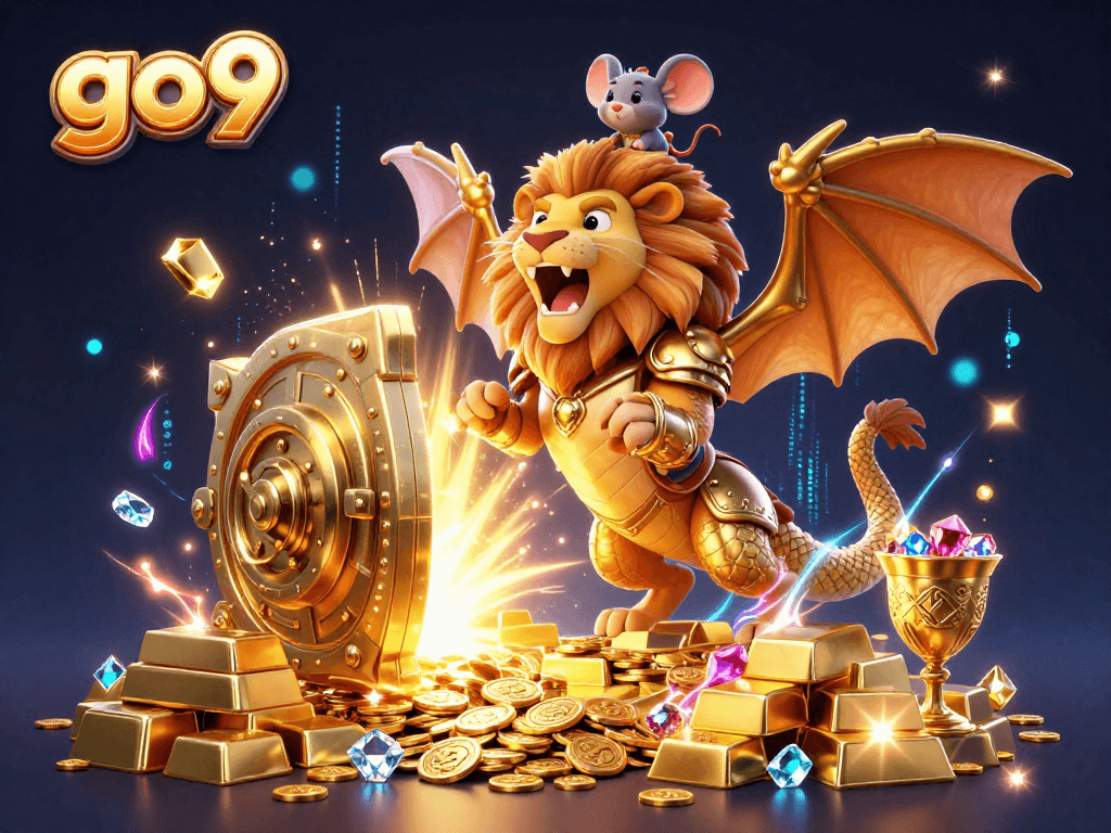 Experience the excitement of go9 as the chimera guardian roars amidst treasures in this ultra-detailed 3D digital illustration.