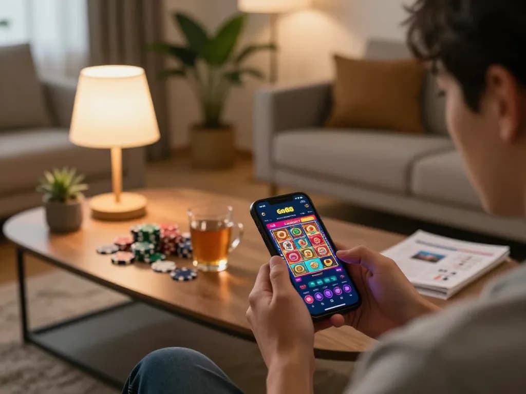 Player engaging with Go88 casino app on smartphone amidst cozy home atmosphere with gaming strategies.