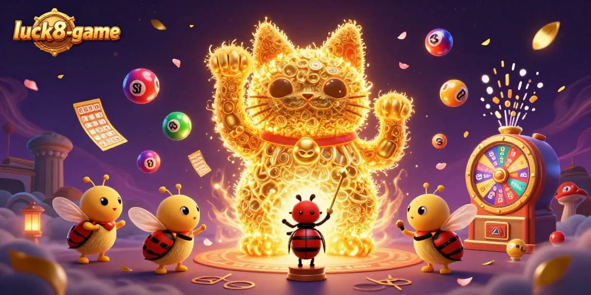Experience luck8-game with a golden cat and dynamic casino symbols in an enchanting scene.