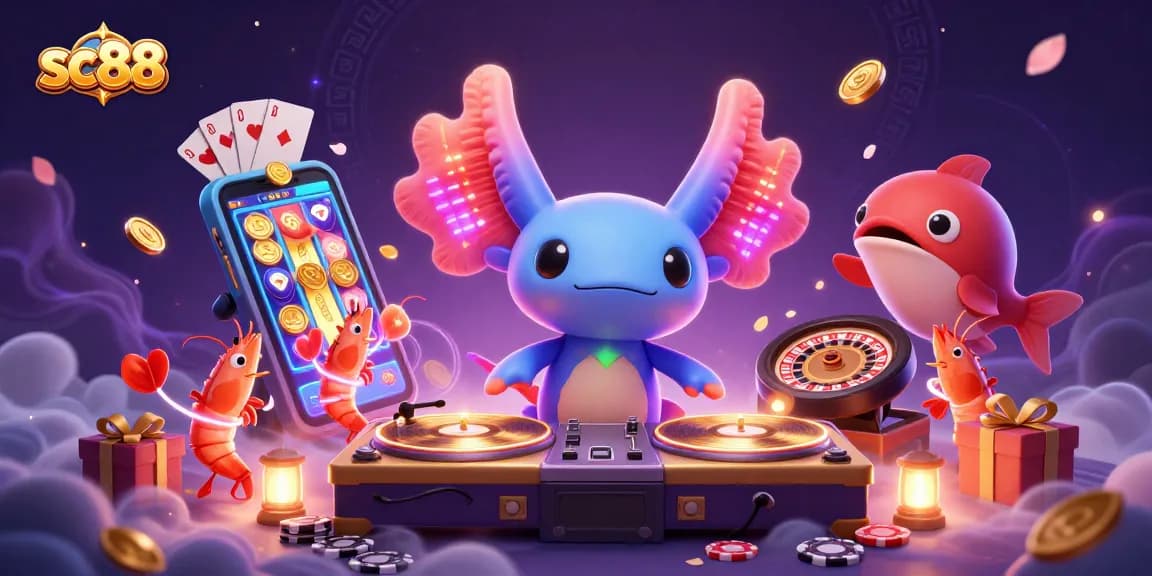 Join the vibrant sc88 casino scene with a neon axolotl DJ and underwater dance party.