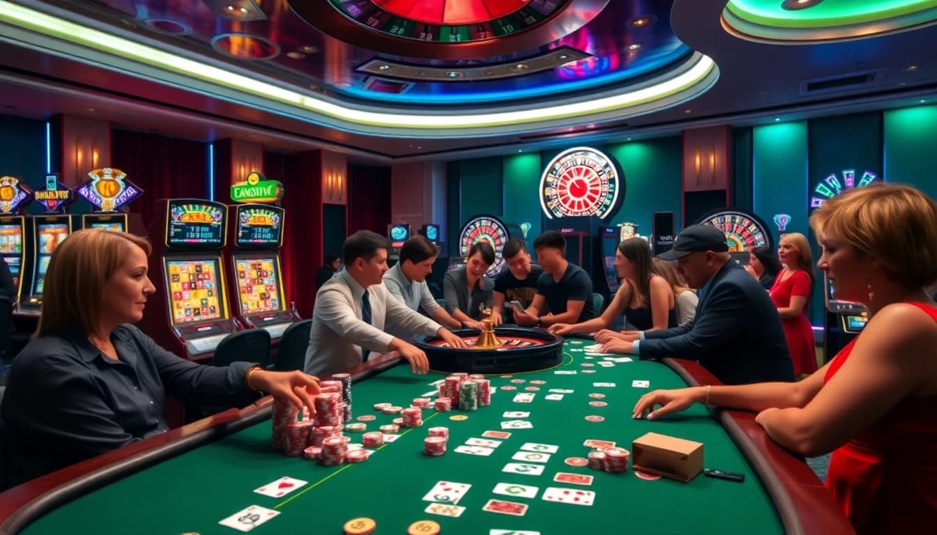 Get ready to win at 555win with a vibrant casino scene featuring poker and slot games.