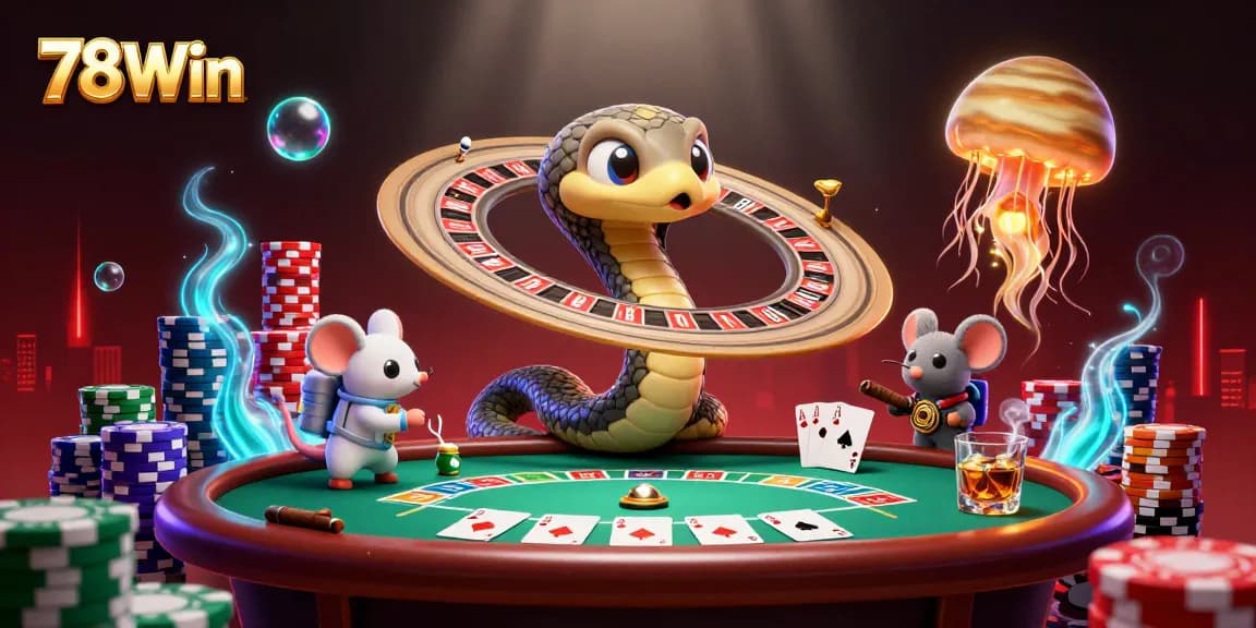 Experience the excitement at 78Win with astronaut mice betting on a cosmic roulette wheel in a vibrant 3D casino scene.