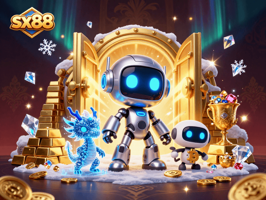 Join the fun at sx88 with a vibrant 3D scene featuring friendly robots and treasures.