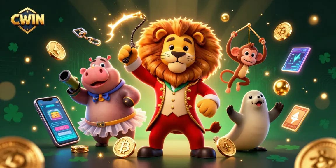 Engage with CWIN's exciting gaming adventure through a vibrant circus scene with lively characters and crypto elements.
