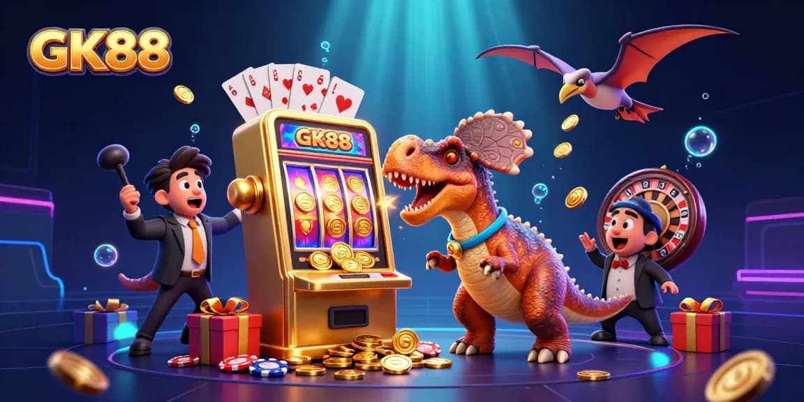 GK88 slot machine artwork featuring a cartoon dinosaur hitting a jackpot, coins flying around.