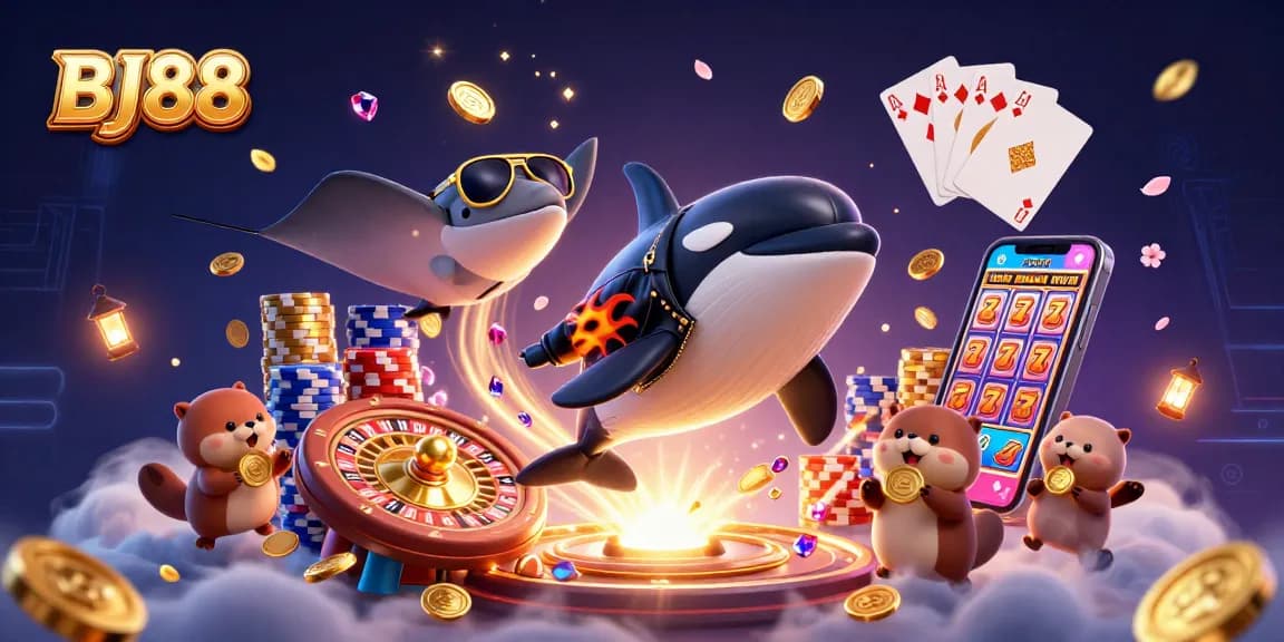 BJ88 casino scene featuring a cartoon orca and otters celebrating wins with coins and gems.