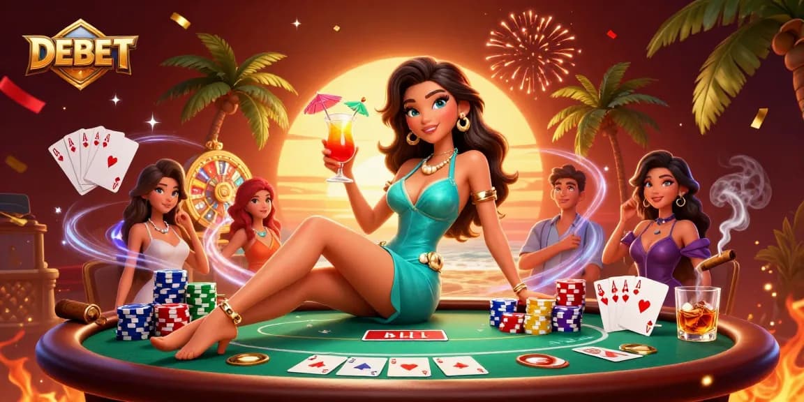 Experience the excitement of DEBET with a glamorous scene of Asian woman enjoying a tropical casino.