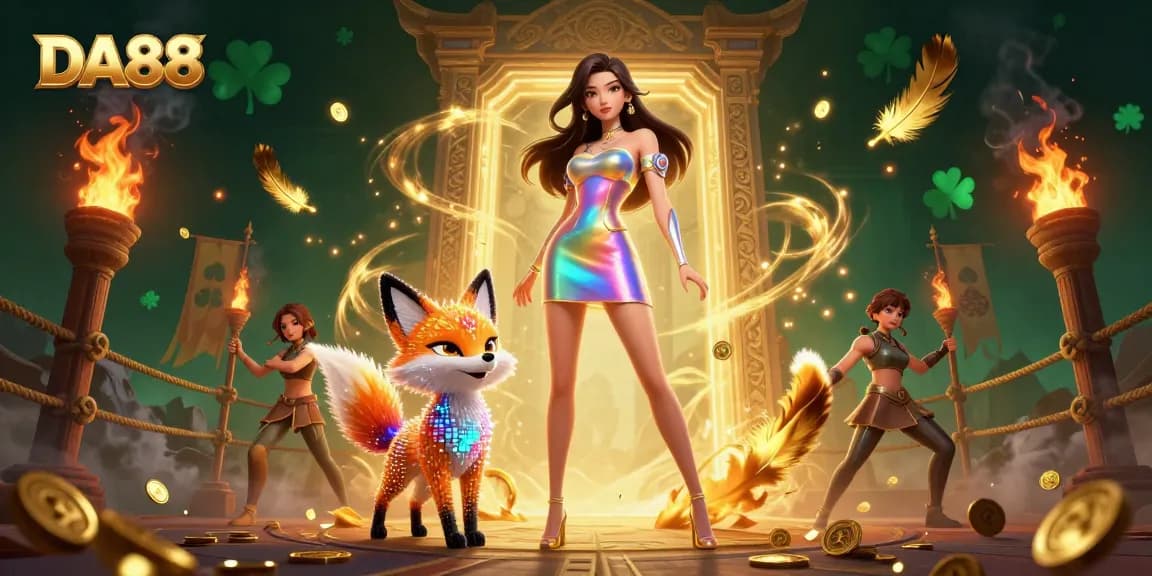 Engage in thrilling gameplay with DA88, featuring interactive casino elements and vibrant 3D characters.