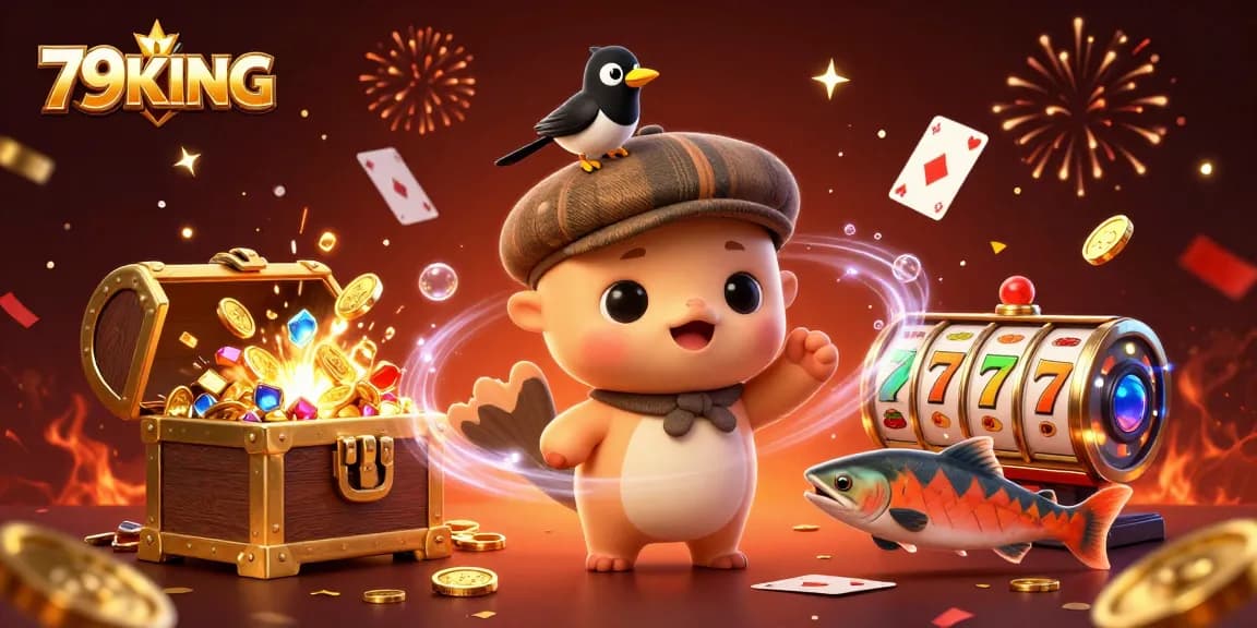 Experience thrilling wins at 79KING with playful characters and vibrant gaming elements in an exciting casino scene.